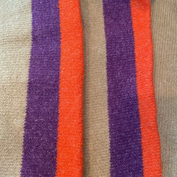 THML XS Beige Knit Sweater Colorblock Stripe Sleeves Purple Orange Crewneck - Picture 4 of 10
